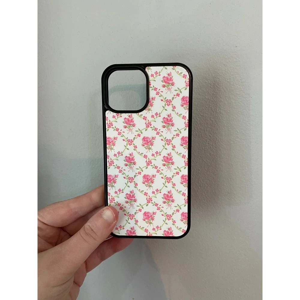 iPhone 13 Mini Case Unisex OS White Pink Floral Rose Trellis Bumper Cover